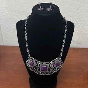 Elegant Purple and Silver Necklace and Earring Set